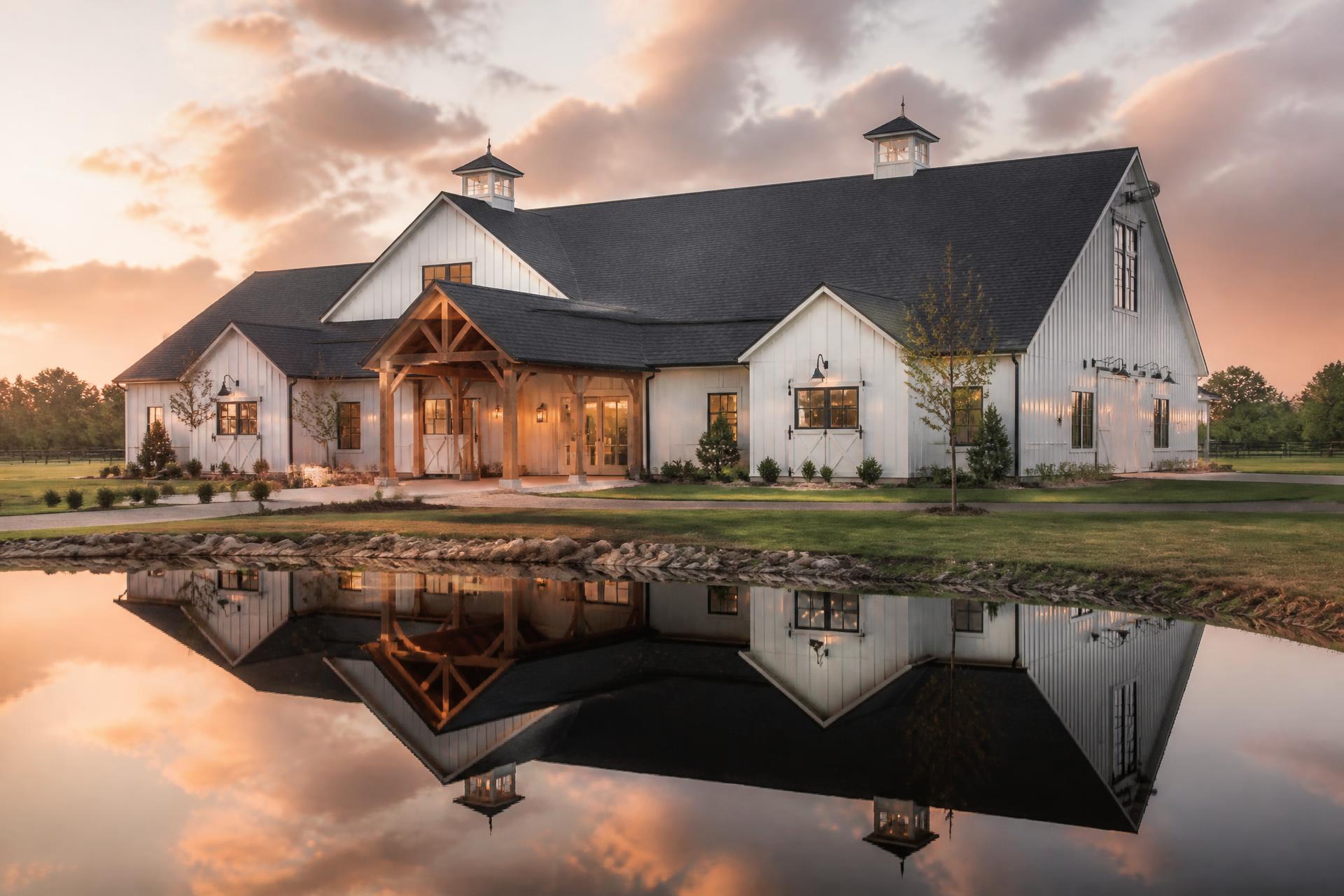 Deer Creek modern barn venue at golden hour reflected in a pond